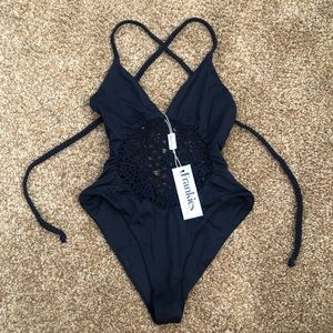 Frankies Bikinis Black Poppy One Piece, NWT
